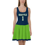 ThatXpression Navy Green Seattle Jersey Themed Skater Dress