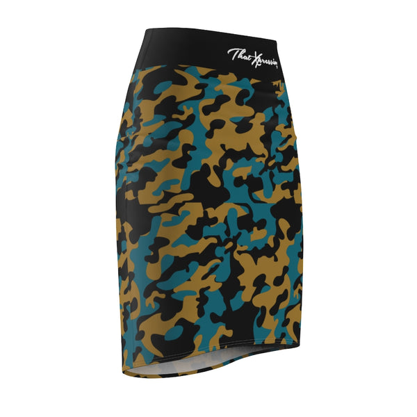 ThatXpression Fashion Teal Gold Black Camouflaged Women's Pencil Skirt 7X41K