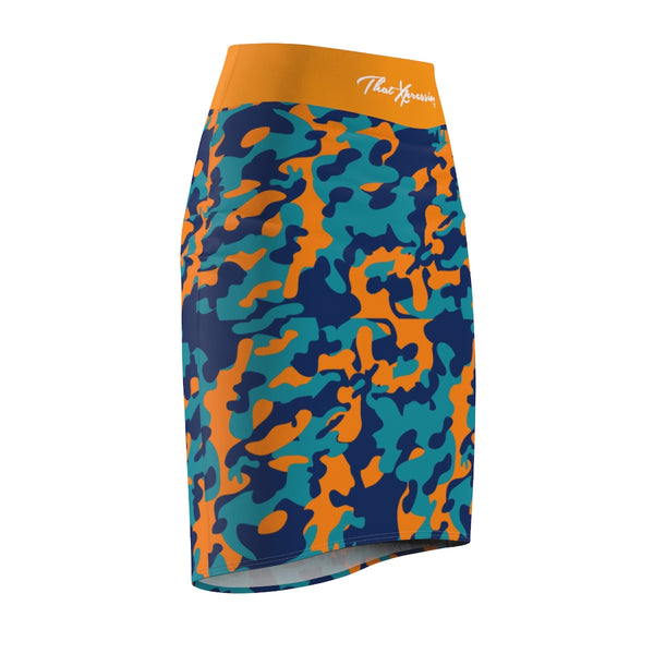 ThatXpression Fashion Orange Navy Camouflaged Women's Pencil Skirt 7X41K
