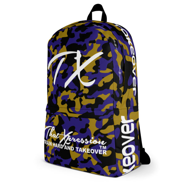 ThatXpression Fashion Black Purple Gold Camo Themed Backpack
