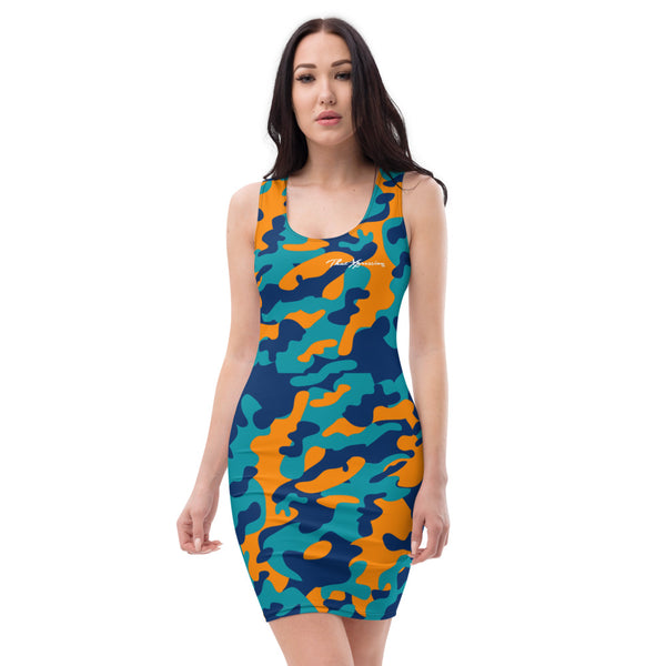 ThatXpression Camo Crazy Miami Orange Blue Scheme Fitted Dress ThatXpression Camo Crazy Miami Orange Blue Scheme Fitted Dress