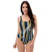 ThatXpression's Navy & Gold Los Angeles Themed Striped Savage One-Piece Swimsuit