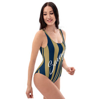 ThatXpression's Navy & Gold Los Angeles Themed Striped Savage One-Piece Swimsuit