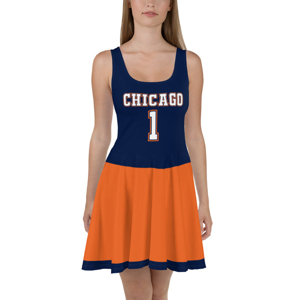 ThatXpression Navy Orange Chicago Jersey Themed Skater Dress