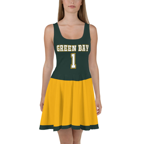 ThatXpression Green Gold Green Bay Jersey Themed Skater Dress