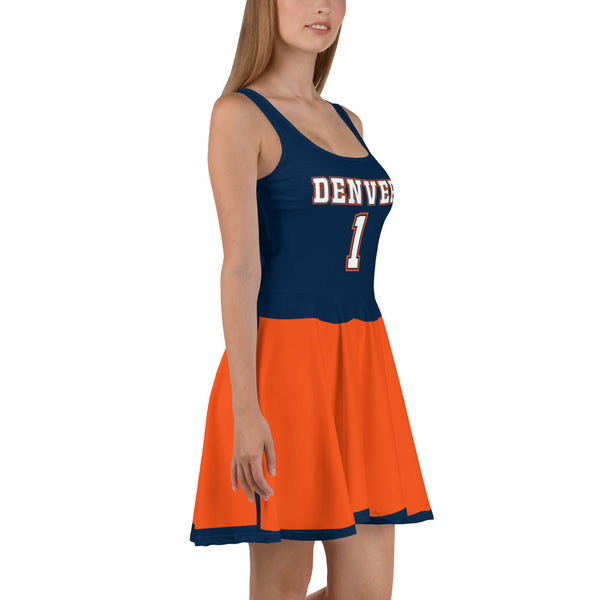 ThatXpression Navy Orange Denver Jersey Themed Skater Dress