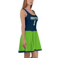 ThatXpression Navy Green Seattle Jersey Themed Skater Dress