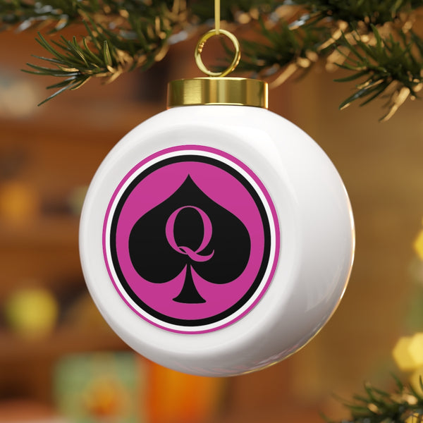 Queen Of Spades Black Pink Festive Christmas Ball Ornament With Ribbon