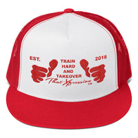 Train Hard And Takeover Gym Fitness Motivational RED Gym Workout Trucker Cap