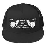 Train Hard And Takeover Gym Fitness Motivational WHT/BLK Gym Workout Trucker Cap