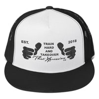 Train Hard And Takeover Gym Fitness Motivational BLK Logo Gym Workout Trucker Cap