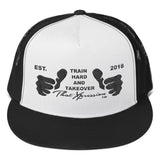 Train Hard And Takeover Gym Fitness Motivational BLK Logo Gym Workout Trucker Cap