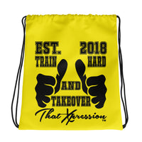 ThatXpression Fashion Fitness Train Hard And Takeover Yellow Gym Workout Drawstring bag
