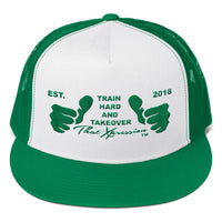 Train Hard And Takeover Gym Fitness Motivational GRN Logo Gym Workout Trucker Cap