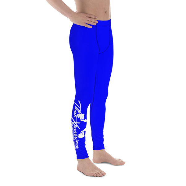 Men's Gym Fitness Weight Training Blue White Calve Logo Leggings By ThatXpression