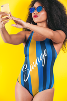 ThatXpression's Blue & Gold San Diego Themed Striped Savage One-Piece Swimsuit
