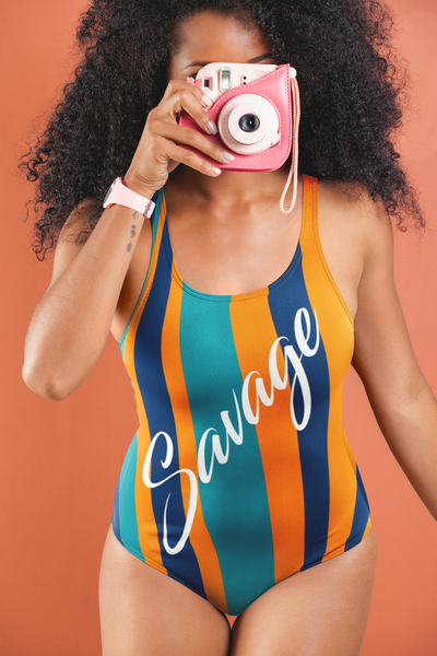 ThatXpression's Blue & Orange Miami Themed Striped Savage One-Piece Swimsuit